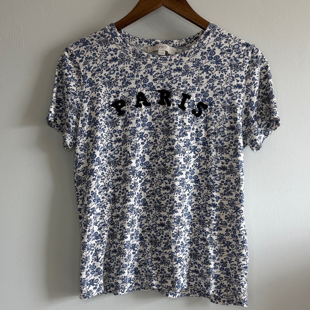 LOFT Paris Graphic Tee Blue Floral Cottagecore Short Sleeve Top